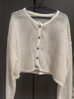 アイボリー メッシュ編み クロップドカーディガン