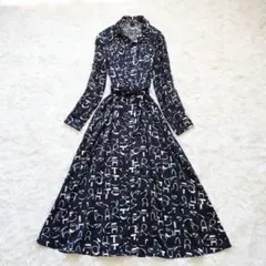 HERMES エルメス ロングシャツワンピース 乗馬柄 ネイビー リボン HERMES エルメス ロングシャツワンピース 乗馬柄 ネイビー リボン