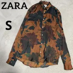 ザラ　ZARA 長袖シャツ　花柄　S ブラウン　リラックスフィット