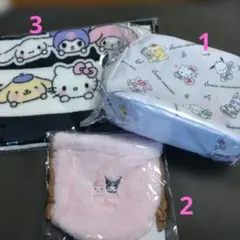 洋服の青山ノベルティ　サンリオキャラクターポーチ、もこもこポーチ、タオルのセット