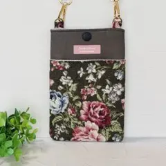 ハンドメイド スマホショルダーバッグポーチ サコッシュ グレー バラ