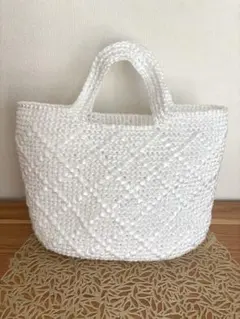 ハンドメイド かごバッグ ホワイト 手編み トートバッグ