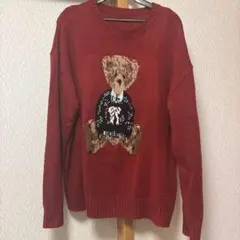 テディベア柄 ニット 長袖 レッドのサムネイル