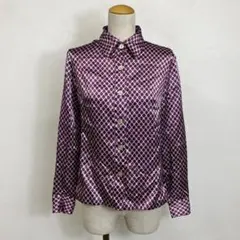 80s サテンシャツ ポリ 総柄 パープル 貝ボタン 光沢 vintageのサムネイル