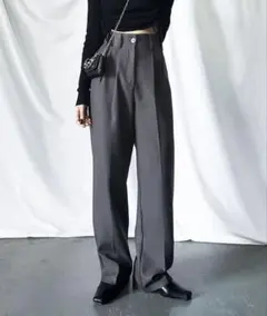 太ベルトハイウエストウールライクカラータックスラックス ダークグレー