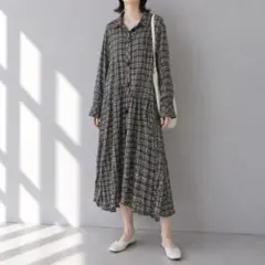 ザラベーシック［M］美品◎大人クラシカル◎アシメヘム◎チェック柄シャツワンピース