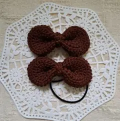 ハンドメイド　リボンヘアゴム2個セット　チョコレートブラウン