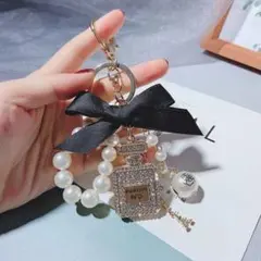 ジルコニア 豪華 香水瓶 カメリアパール キーホルダー 2way キーリング