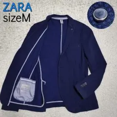 【大人ビジカジ】ザラZARA・ジャケット・ピンバッチ付・ストレッチ・青・水玉・M