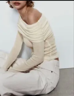IK-136 ZARA 新品 ギャザーセミシアーコットントップス オフショルのサムネイル