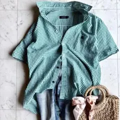 美品 バーバリーブラックレーベル ギンガムチェック綿麻半袖シャツ 3 緑