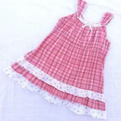 130　西松屋　ピンクチェックと花柄フリルのワンピース