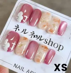 1012:ピンクマグネットにお花デザインベージュホワイトマーブル☆XSサイズ