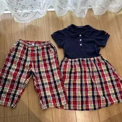 ネイビー チェック柄スカート 120cm/ハーフパンツ130cm 兄妹のサムネイル