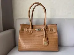 【美品】クロコ型押しVカットベルトトートBAG キャメル　ビジネスバッグ