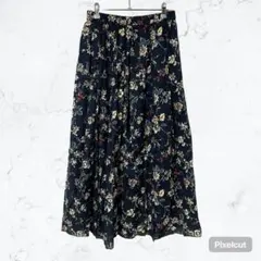 J952ニコアンド 綿100% 花柄 ロングスカート ネイビー 総柄 完売品