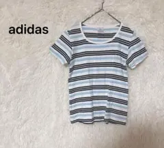 adidas ボーダー　Tシャツ 半袖 カットソー L ブルー系　トップス