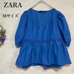 【ZARA】フリル付きバルーン袖トップス Mサイズ ブルー