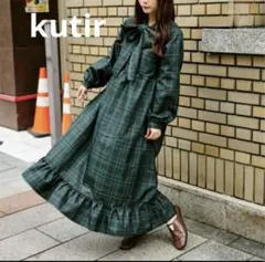 【kutir】クティールとレトロボウタイチェックティアードワンピース♡グリーンL