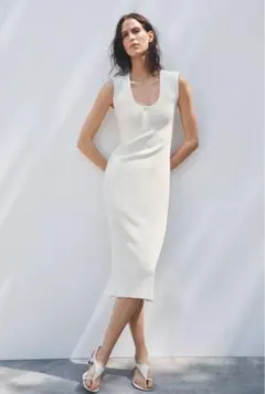 【美品】ZARA リブ編みミディ丈ワンピース ボタン付き(〜1/31)