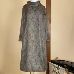 アンティーク正絹大島紬着物リメイク ロールカラーチュニックワンピース　茶系葡萄葉