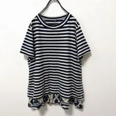 美品⭐️45R インディゴボーダー フリル Tシャツ 布帛×天竺ブラウス