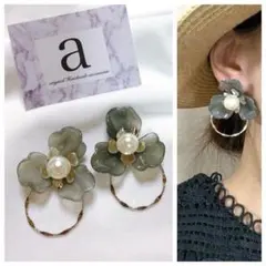 2229-3 2way グレー☺︎パールとフラワーのピアス×シルバーフープ☺︎