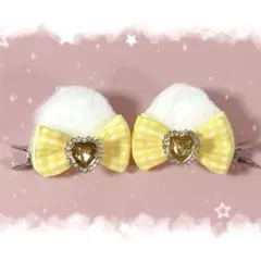 ♡もこふわ猫耳ヘアクリップ 白×黄色リボン♡ 量産型 地雷系 推し活 ヘアメ 5