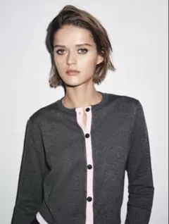 完売品 ZARAコンビニットカーディガン M グレーピンク