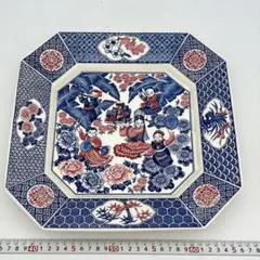 中国景徳鎮製 八角大皿 色絵 青花 人物文 花鳥文 飾皿 約29cm 中国陶磁