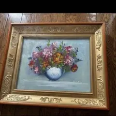 油彩画 花の静物画 額装 厚塗り インパスト 手描き サイン有