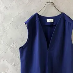 ヴィンテージ　ベスト　ジレ　ボタンレス　シンプル　無地　L相当　青　古着　VT3