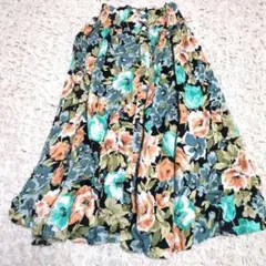 花柄レトロ フレアスカート ロング フラワーデザイン 華やか ブルー 海外