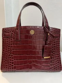 希少Tory Burch クロコ型押し ハンドバッグ ボルドー　保存袋付のサムネイル