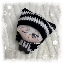 編み物 ちびぐるみ ぬい服 猫耳ニット帽 ブラック×ホワイト