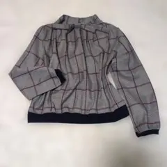 お洒落なチェック柄長袖トップス リボン付きブラウス M