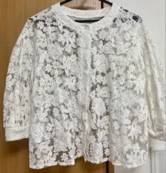 ホワイト レース刺繍 五分袖 トップス M
