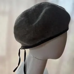 グレー ウール ベレー帽 リボン付き