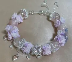 ハンドメイド　ブレスレット　ソフトバラ　リボン　蝶々　ビーズ　紫　ピンク　推し活