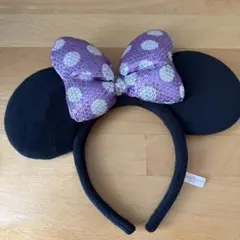 ディズニーリゾート ミニー 耳付 スパンコールリボン カチューシャ 水玉 紫