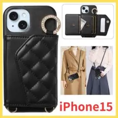 iPhoneケース 15 スマホショルダー 肩掛け スマホケース 韓国(黒)