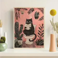 キャンバスポスター ミッドセンチュリー トイレにゃんこモダンレトロ A3サイズ
