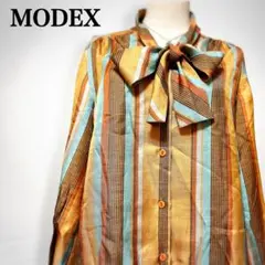 【モデックス】ポリエステル 昭和レトロ ストライプ柄 ボウタイブラウス