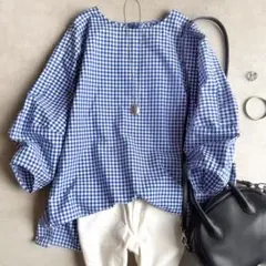 定価2.9万 ロエフ 2way コットン チェック フリルブラウス ネイビー