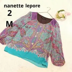 ナネットレポー 七分袖カットソー 絹 シルク 紫系 総柄 シースルー/2(M)