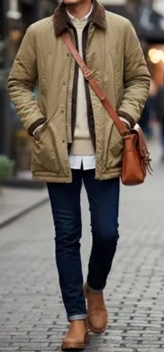 B:MING by BEAMSベージュコーデュロイ襟ダウンジャケットコート