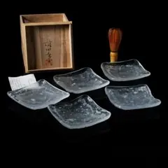 藤田喬平さん 作 手吹 四方皿 作家物】 藤田喬平 ふじたきょうへい ガラス手吹四方皿 5客 共箱 16795