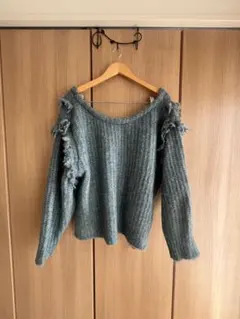 オフショルダー青緑ニット M フリンジ付き