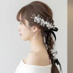 No.194 パールフラワーヘッドドレス➕選べるヘアリボン2本 のセット