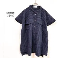 sninon セニノン◉ブラウス 半袖シャツ ネイビー ストライプ シアサッカー